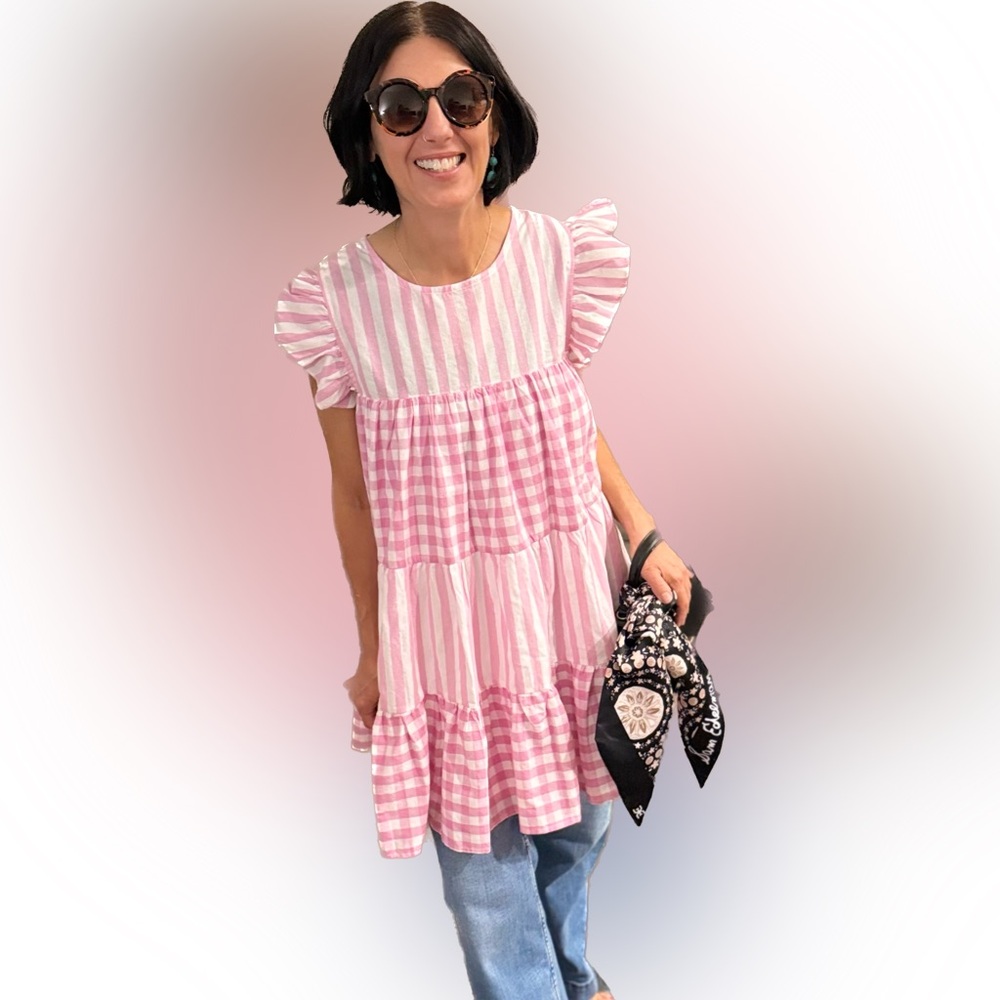 Pink and white checkered baby doll dress